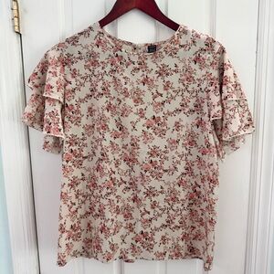 SHEIN Cream Pink Floral Ruffle Sleeve Blouse – Size XL